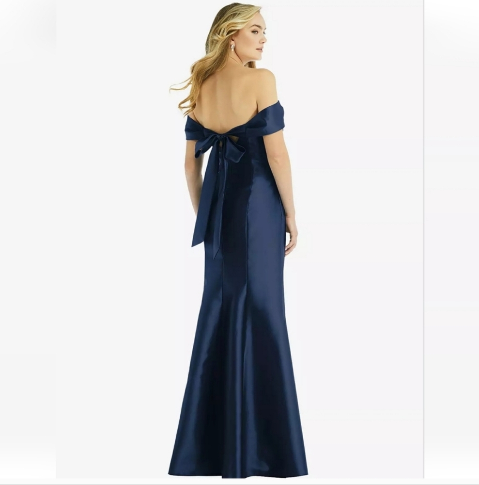 NWT ALFRED SUNG Off-The-Shoulder Bow Back Satin Trumpet Gown in Midnight Navy - Picture 2 of 12